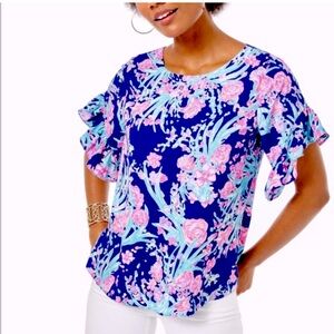 Lilly Pulitzer Darlah Pullover Floral Top size Med Corsica Blue Toucan party